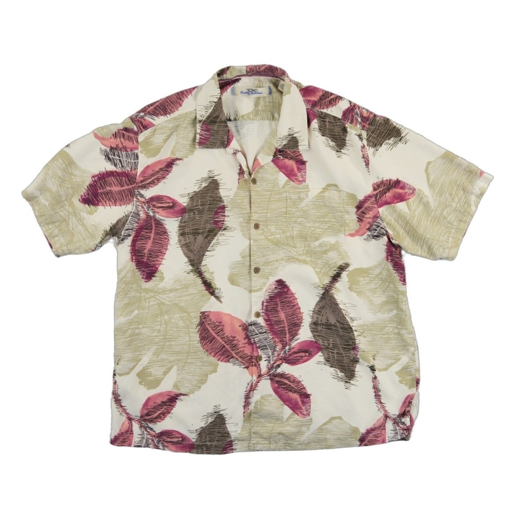 Tommy Bahama 100% Silk Camp Shirt Mens Size XL Cream Pink Tropical Leaf Hawaiian